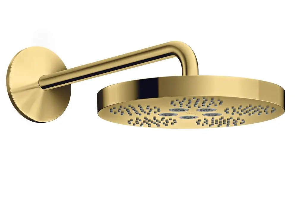 Kopfdusche mit Wandarm in polierter Goldoptik, ausgestattet mit mehreren Düsen, von der Marke AXOR.